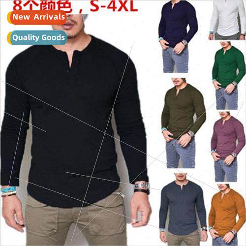 2022 men  round neck cotton solid color t-shirt buttons long