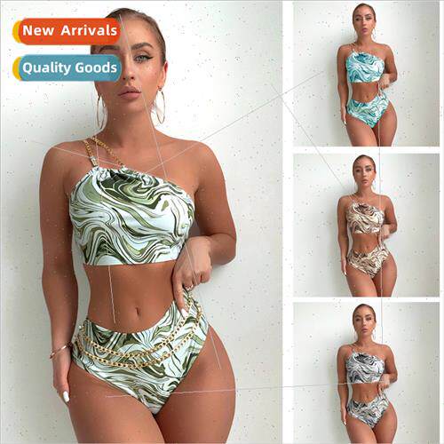 i Spl High Waist One Shoulder Decorative Chain Print Sexy Eu