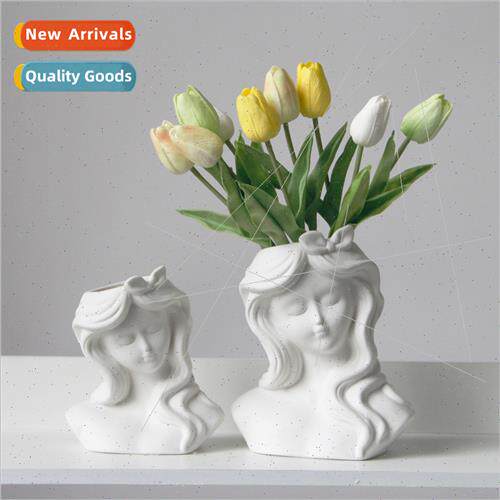 Creative elegant female statue ceramic vase dried flowers fl