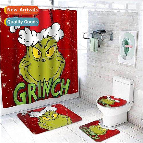 Grinch Christmas Shower Curtain 4pcs Set wh Non Slip Rug Toi