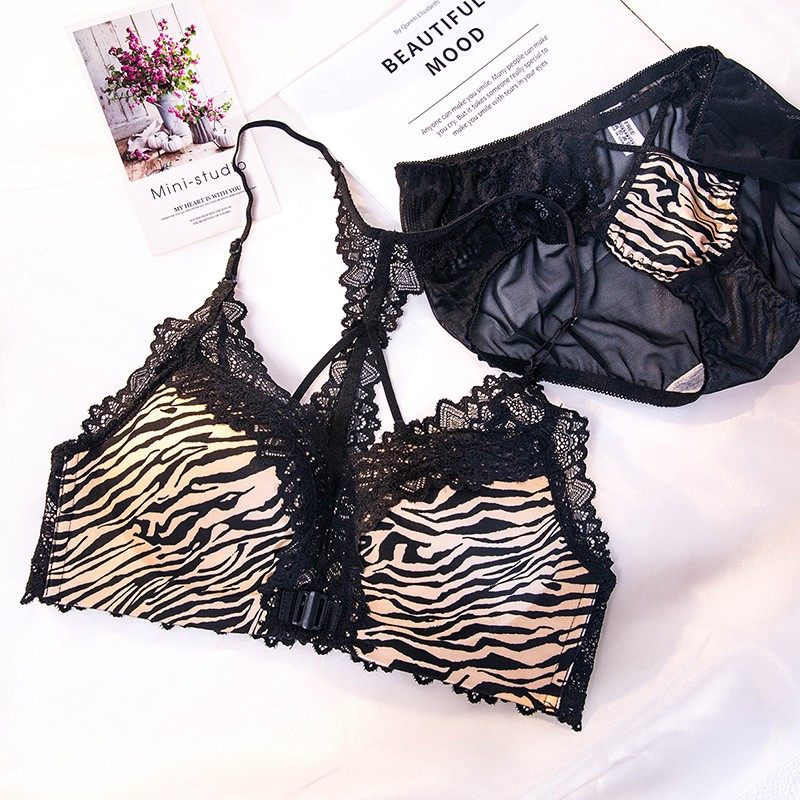 豹纹内衣女新款爆款美背聚拢一体2025前系扣小胸加厚无痕前扣文胸