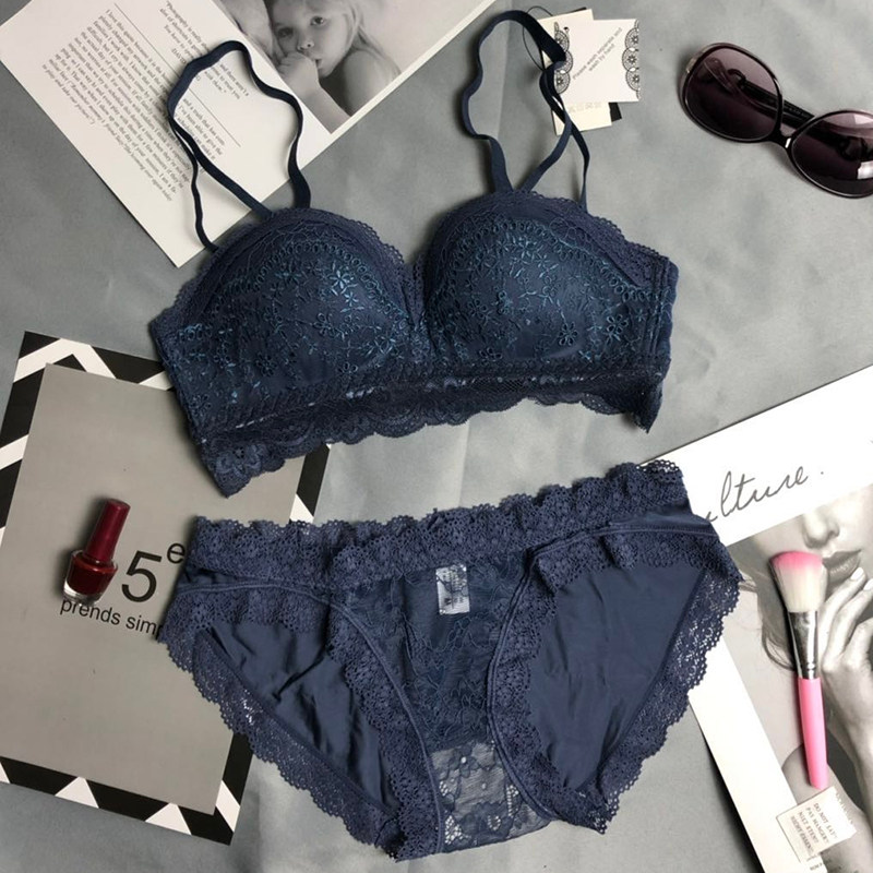 1/2半杯内衣加厚款蓝色蕾丝边文胸罩聚拢夏季性感惑一套装收副乳