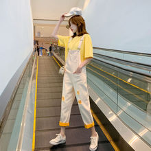 单件/套装 2020牛仔背带裤女宽松韩版阔腿哈伦九分破洞裤两件套