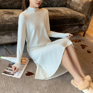 大码长袖针织连衣裙女秋冬胖mm200斤裙子孕妇长款过膝毛衣裙长裙