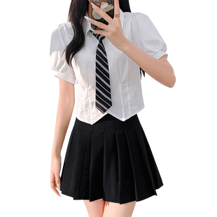 设计感大码学院风衬衫女胖mm显瘦jk短袖白衬衣纯欲风领带短裙套装