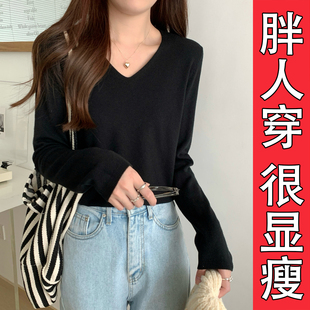 女设计感内搭v领毛衣 打底针织衫 慵懒风大码 胖mm宽松外穿低领长袖