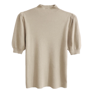 大码胖mm半高领T恤女2025新款气质泡泡袖针织衫短袖打底薄款上衣