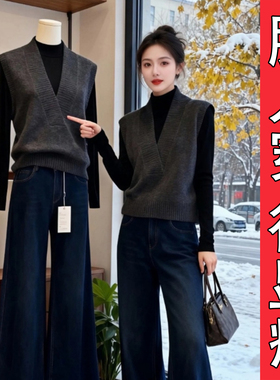 V领外穿针织背心毛衣坎肩马夹女高级感叠穿小衫大码胖mm宽松马甲