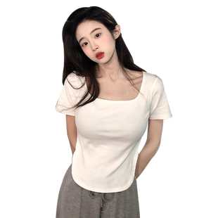 大码短袖T恤女2025新款夏季胖mm纯棉白色正肩方领不规则小衫上衣