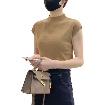 大码胖mm半高领针织短袖T恤女针织衫上衣夏薄初春打底衫罩衫上衣