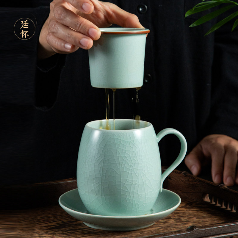 李廷怀汝瓷汝窑茶水分离杯办公杯办公室泡茶杯陶瓷大水杯茶漏带盖