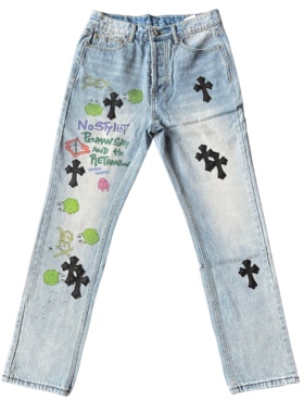 yqtstudio自主原创涂鸦印花贴皮水洗休闲宽松直筒浅色牛仔裤潮
