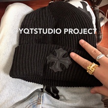 @YQTSTUDIO刺绣贴皮秋冬拼皮暗黑系针织毛线帽 冷帽雪帽