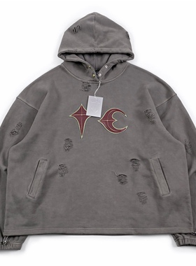 THUG CLUB ROCK HOODIE水洗破洞毛圈卫衣 星月破坏做旧帽衫潮男女