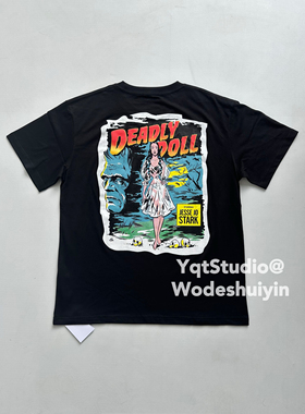 yqtstudio自主美式复古美女漫画宽松水洗口袋印花短袖T恤男女潮