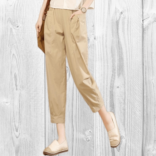 慵懒风高腰束脚裤女卡其色九分哈伦裤宽松休闲裤棉质直筒纯色女装