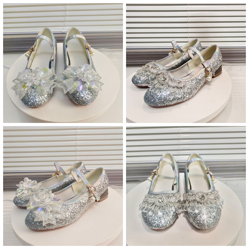 女童水晶鞋银色亮片鞋舞台走秀表演鞋主持晚会亮钻公主鞋校园演出