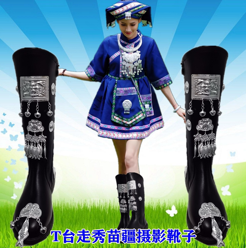 新款苗族靴子苗寨舞蹈鞋彝族满族靴苗疆摄影旅拍靴子T台走秀皮靴