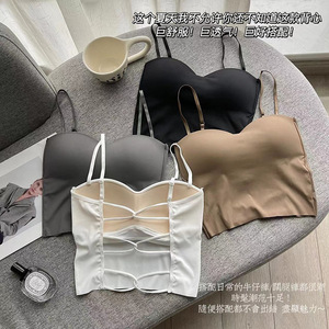 新款冰丝性感镂空美背裹胸三交叉吊带背心修身一体式带胸垫内衣女
