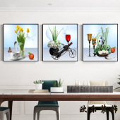 餐厅现代三联水果酒杯装 饰画清新花卉餐桌背景墙挂画饭店包间壁画