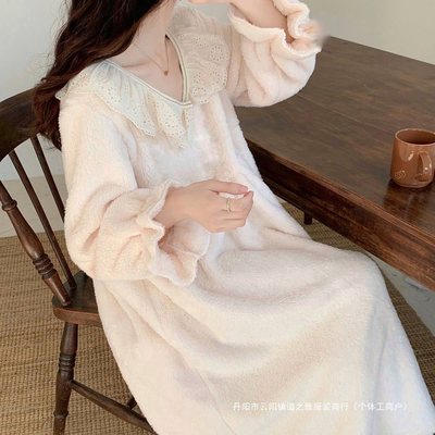 珊瑚绒睡裙女秋冬季加厚大码家居服孕妇睡衣长款法兰绒可外穿宽松