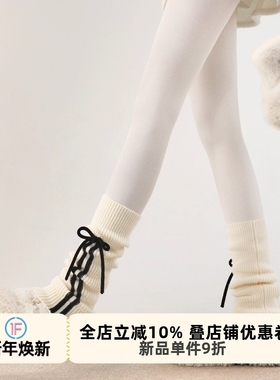 抵达一楼灰色竖条纹蝴蝶结堆堆袜套韩系芭蕾风加厚奶白针织腿套