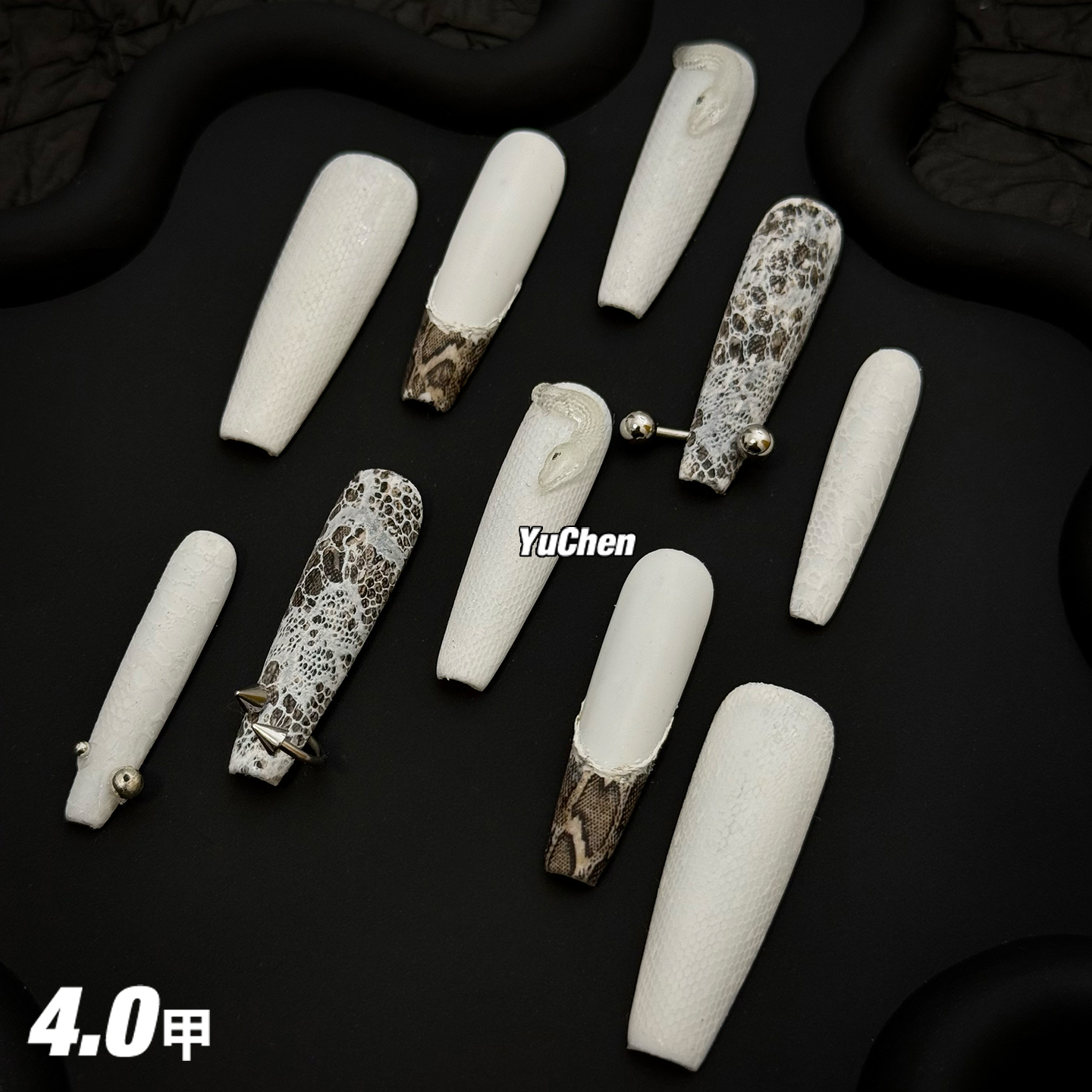 屿辰|灵蛇晶闪 美甲穿戴甲闪闪立体蛇蛇皮纹铆钉穿孔辣妹手工定制