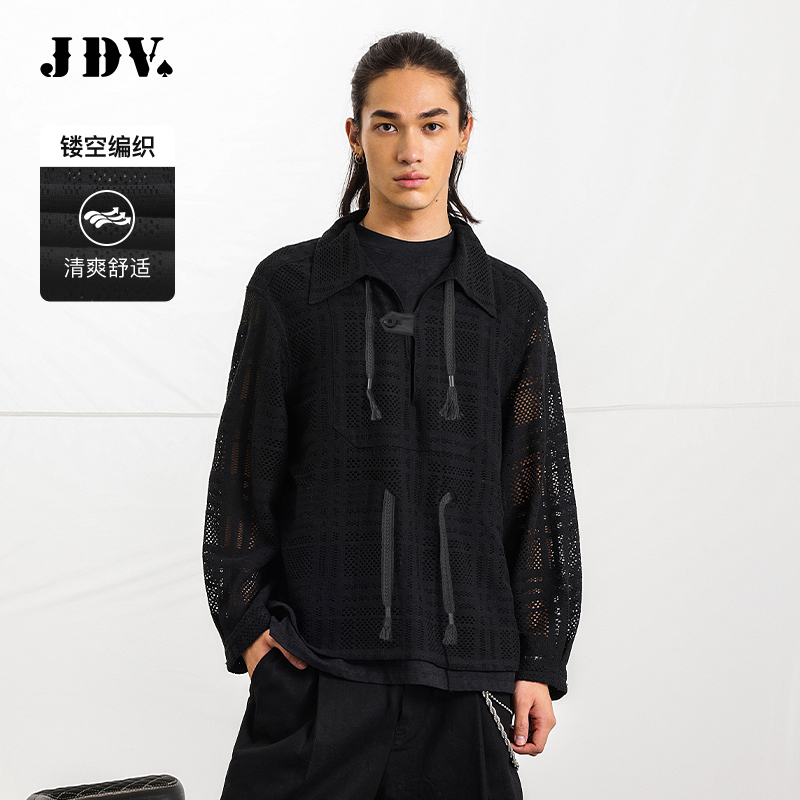 JDV男装2025春秋新款黑色镂空编织长袖T恤翻领百搭男士长袖T恤