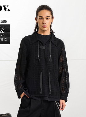 JDV男装春秋新款黑色镂空编织长袖T恤翻领百搭男士长袖T恤