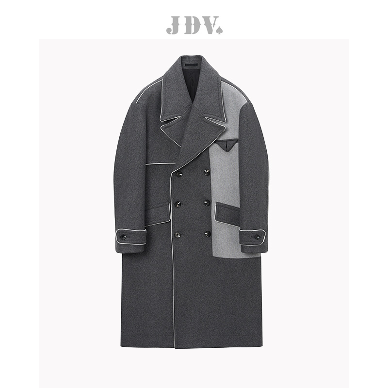 JDV翻驳领绵羊毛潮撞色呢大衣