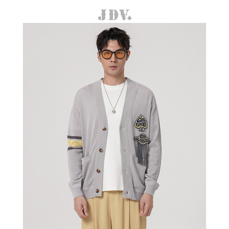 JDV男装春夏新品商场同款灰色V领通勤针织开衫上衣外套SYN3357