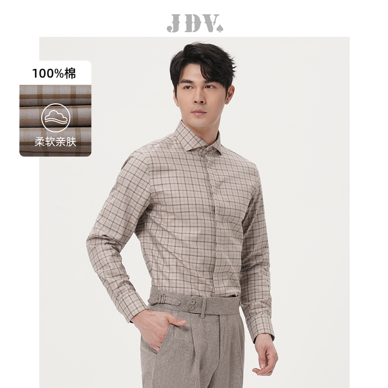 JDV2025早秋新品商场同款纯棉长袖正装衬衫格纹百搭男士衬衣上衣