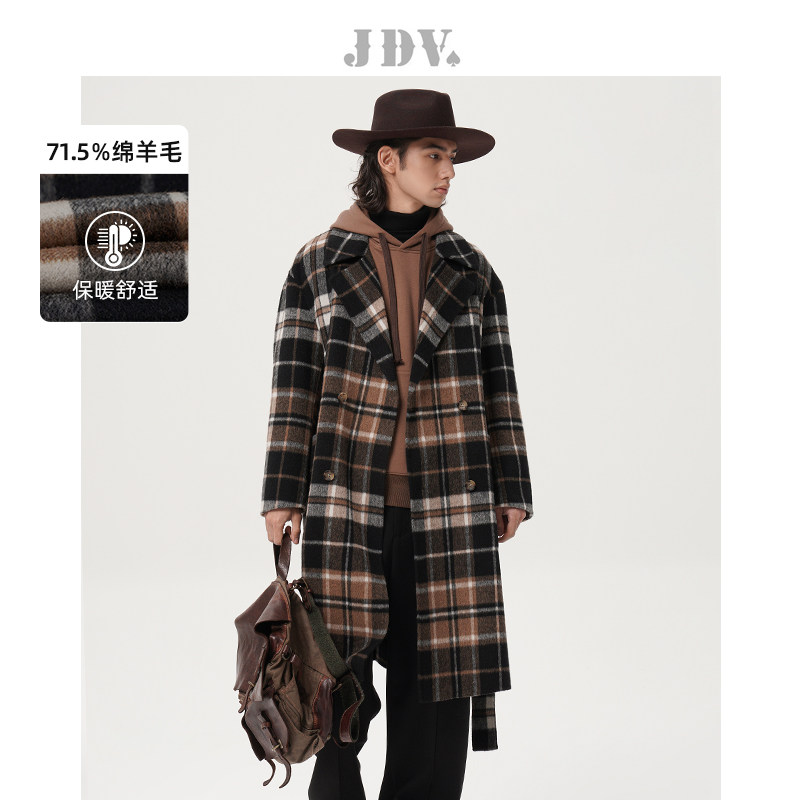 JDV奥莱旗舰店冬季折扣新品撞色格纹双排扣男士毛呢大衣保暖外套,男装,毛呢大衣,淘宝优惠券,粉丝福利购,淘宝优惠卷