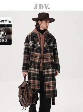 JDV奥莱旗舰店冬季折扣新品撞色格纹双排扣男士毛呢大衣保暖外套