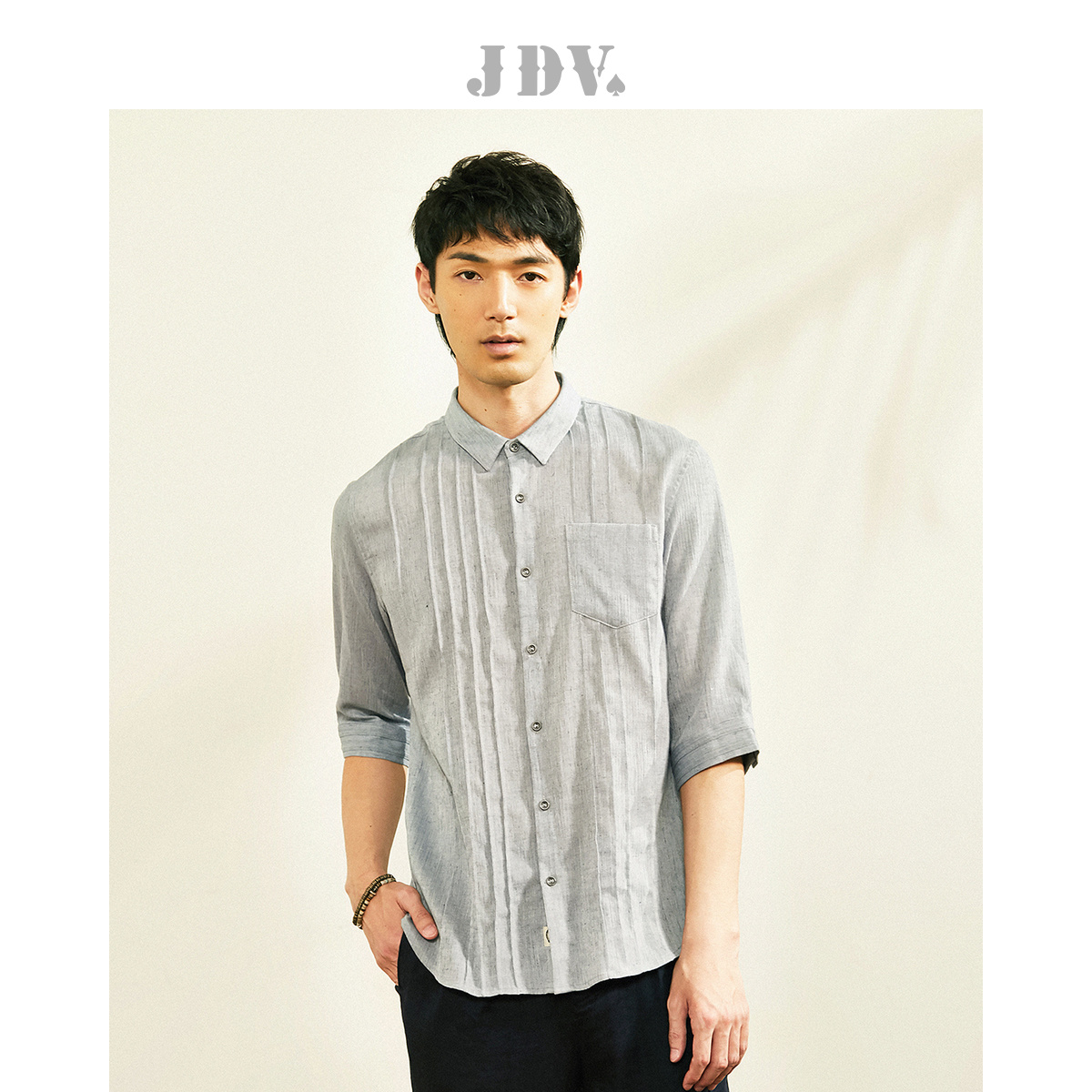 褶皱设计 日系休闲 中袖衬衫