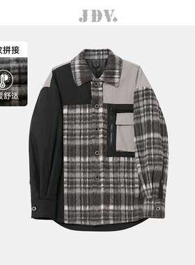 JDV奥莱旗舰店冬季折扣新品格纹拼接衬衫棉服保暖棉袄棉衣外套