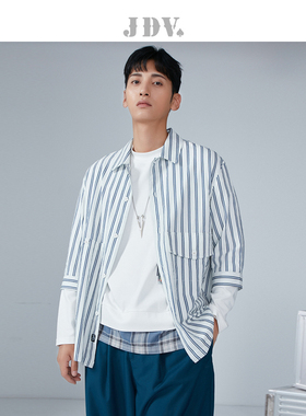 JDV男装商场同款季新品蓝白条精致方领个性时尚中袖衬衫SIH2570