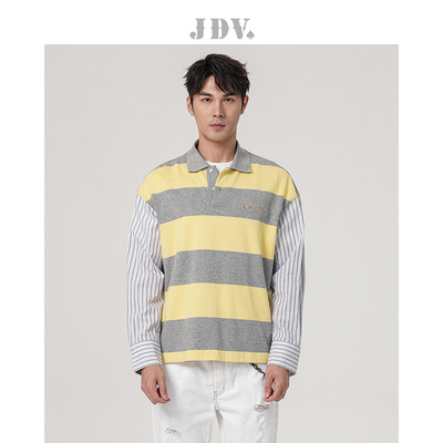 JDV男士彩条POLO领长袖T恤