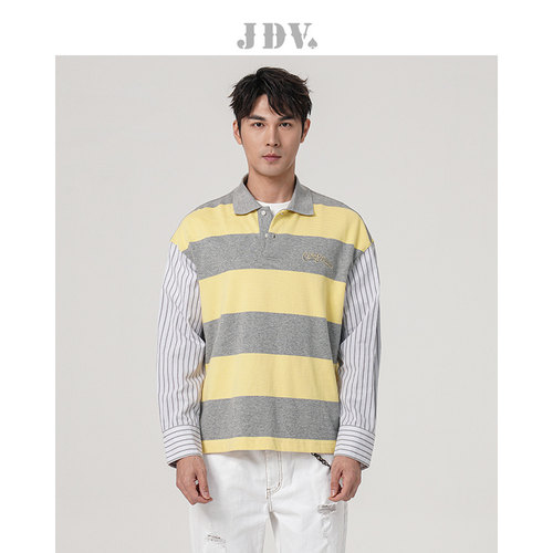 JDV男士彩条POLO领长袖T恤