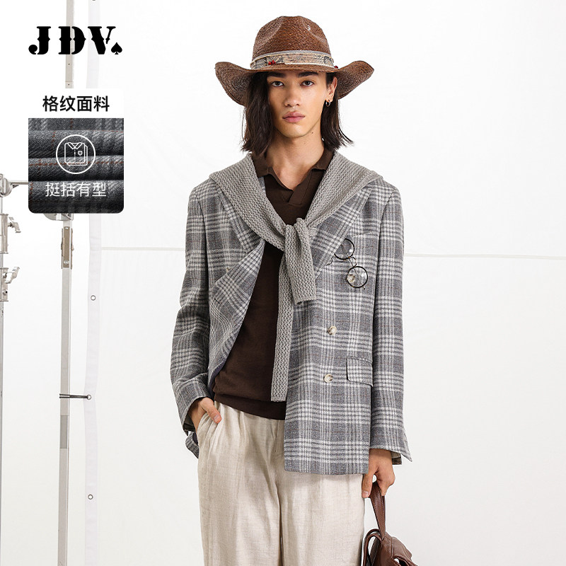 JDV奥莱旗舰店春秋折扣新品男装灰色格纹男士西装外套休闲西装男