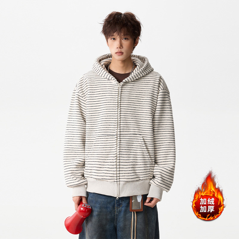 Grinch1928akiko秋子男装1997邮政局npc加绒条纹连帽开衫卫衣外套