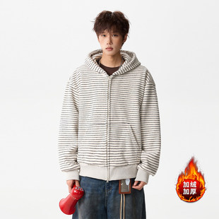 Grinch1928akiko秋子男装1997邮政局npc加绒条纹连帽开衫卫衣外套