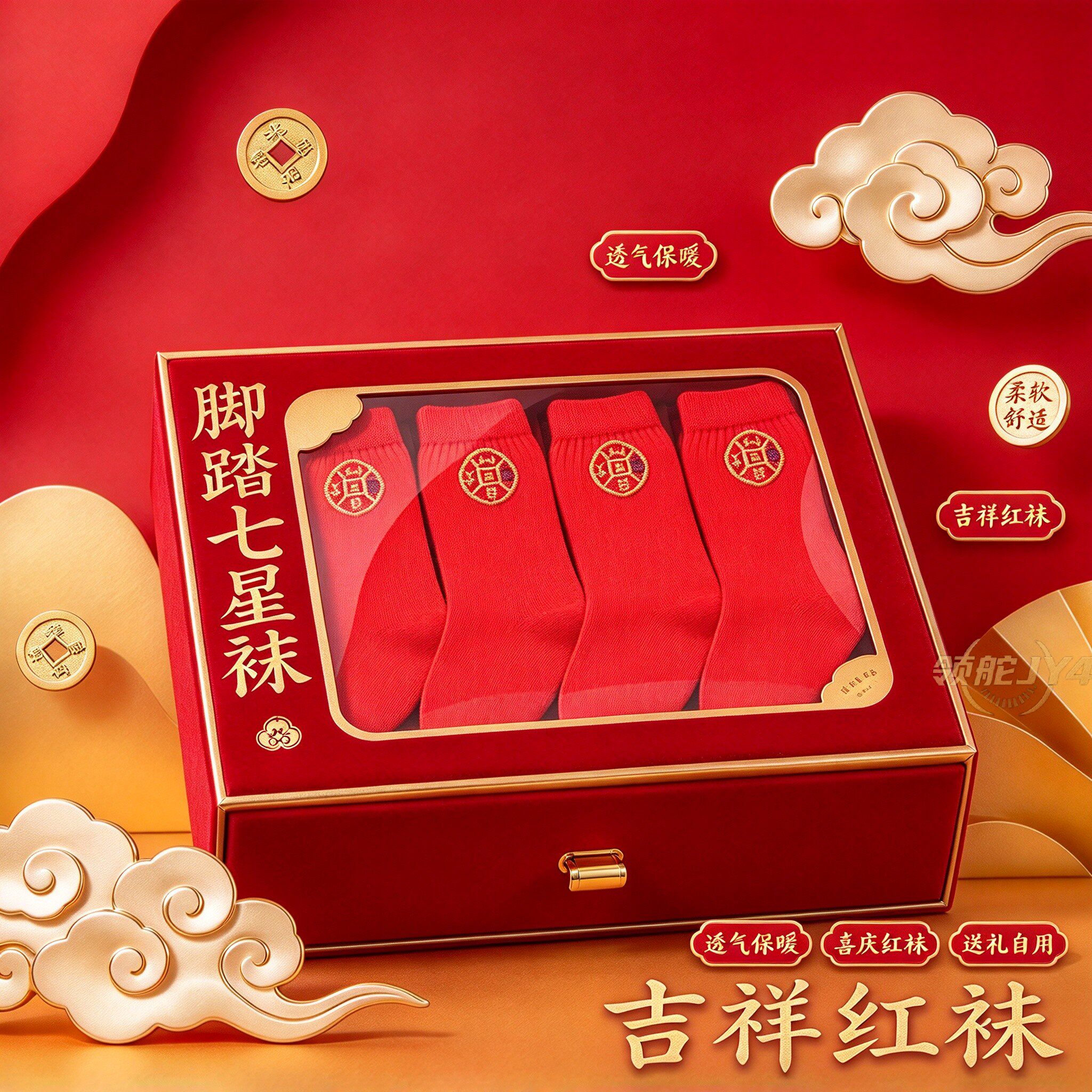 本命年七星连珠纯棉红中筒袜