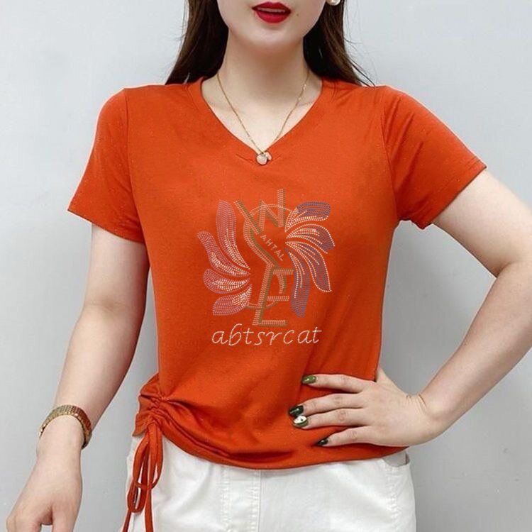 侧绑带显瘦烫印夏洋气v领短袖t恤遮肚子2026棉百搭时尚体恤广场舞