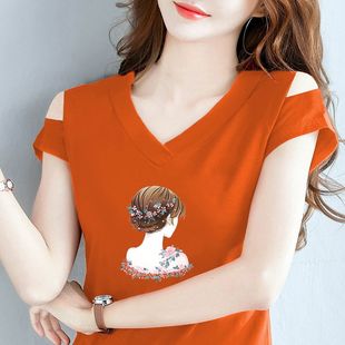 纯棉T恤性感体恤广场舞纯色 2025女新款 露肩上衣女大码 夏装 V领短袖