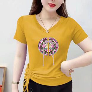 显瘦2026纯棉t恤上衣 遮肚子女士v领短袖 新中式 国风侧双抽绳大码