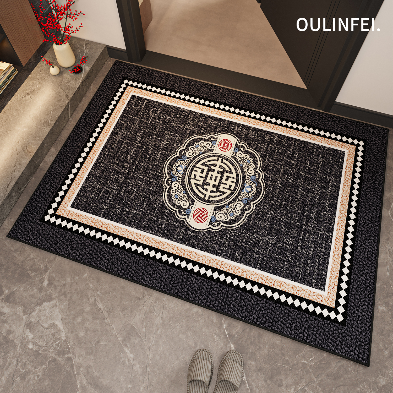 黑色新中式免打理防滑入户门脚垫