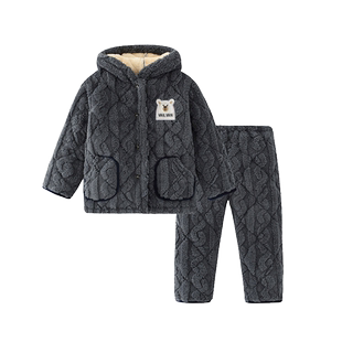 冬季儿童珊瑚绒睡衣中大男女孩童加厚款长毛绒家居服连帽棉袄套装