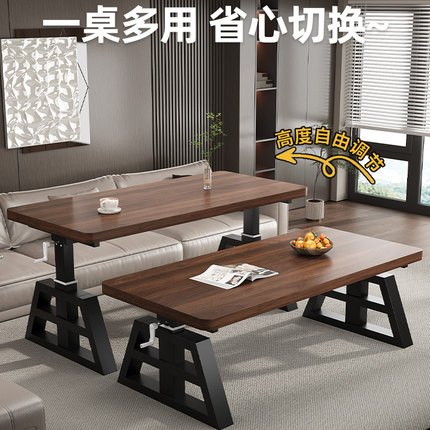 实木升降茶几多功能学习书桌客厅家用餐桌工作台手摇升降桌电脑桌
