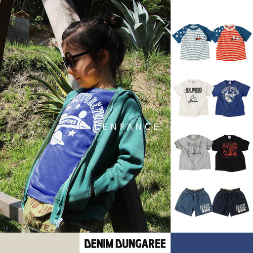 Denimdungaree儿童T恤牛仔短裤